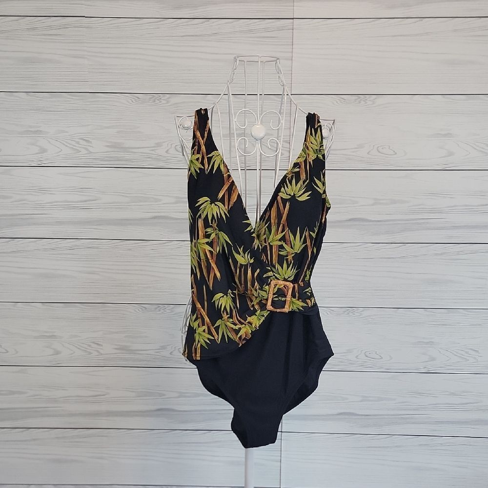 Beach Bay One-Piece Tropical Leaf Print Black Swimsuit Womens Size 14